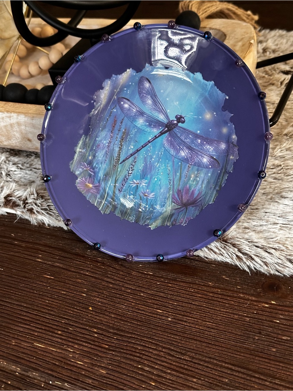 Handmade round Decorative glass plate dragonfly purple design
